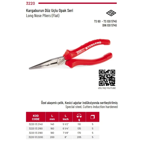 İzeltaş 180 mm Kargaburun Düz Uçlu Opak (3220132180)