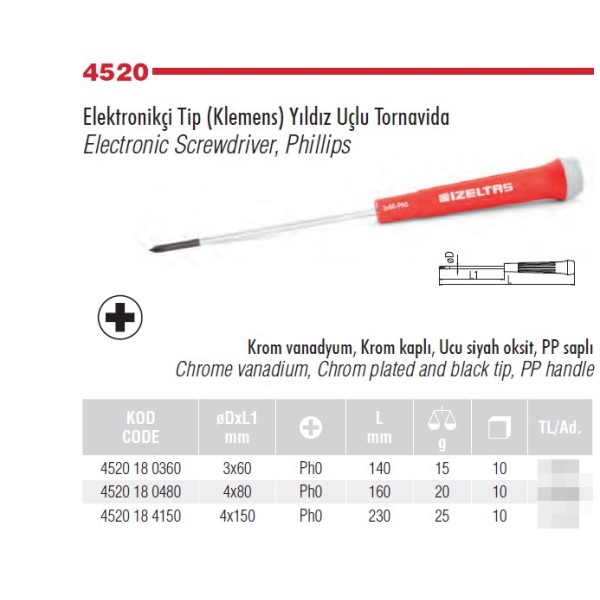 İzeltaş Elektronikçi Tip Klemens Yıldız Uçlu Tornavida 3*60 (4520180360)