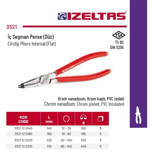 İzeltaş İç Segman Pense 140 mm Yaysız Düz (3321120140)