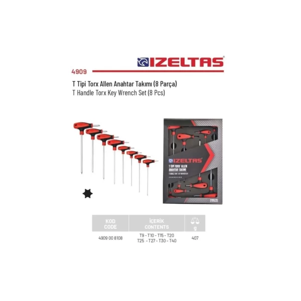 İzeltaş T Tipi Torx Allen Anahtar Takımı 8 Parça (4909008108)