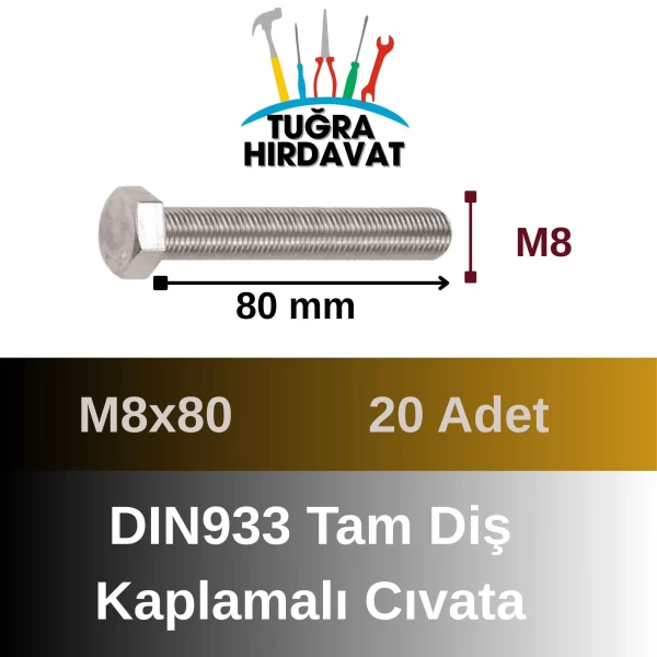 M10*80 Altı Köşe Cıvata DIN 933 Tam Paso 8.8 - Beyaz